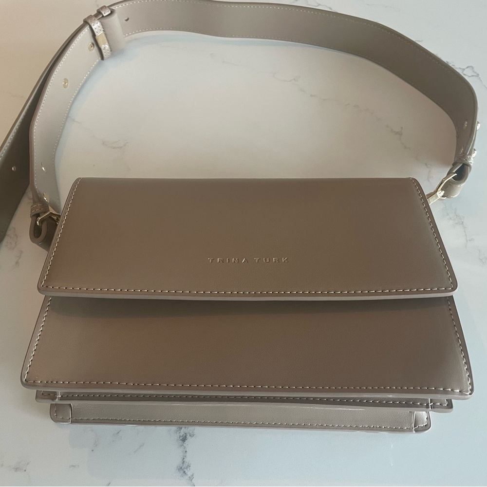 Trina Turk Structured Taupe Purse, flap with magnetic closure, gold hardware